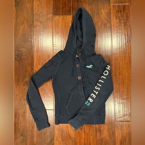 Hollister Dark Blue Hoodie with Logo and Button Accents